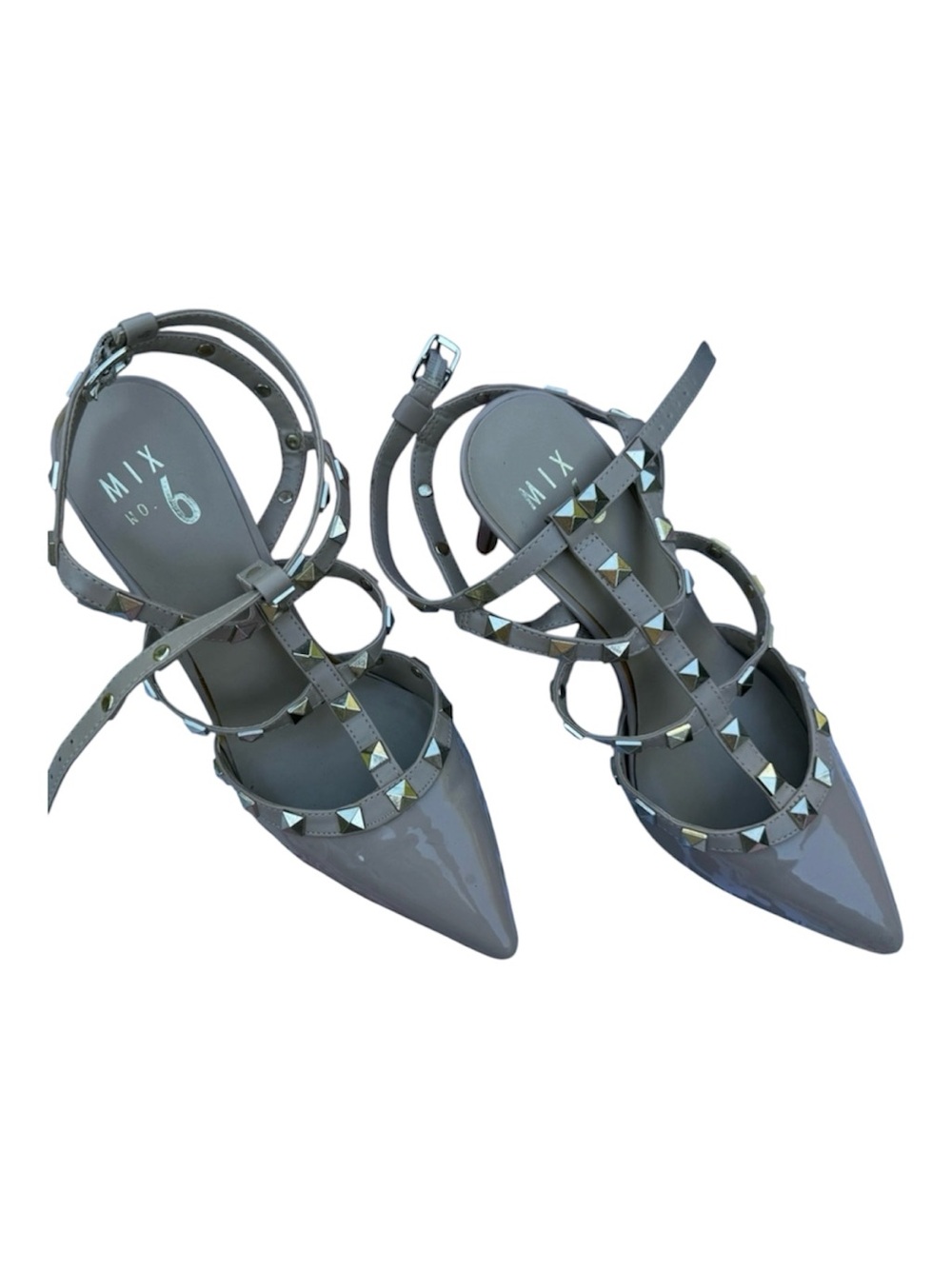 Mix No. 6 Gray Patent Pointed-Toe Studded Strappy Heels